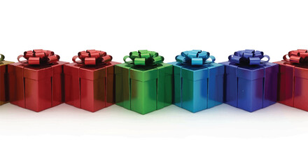 Row of colorful gift boxes with bows on top arranged in a line on a white background, showcasing various hues.