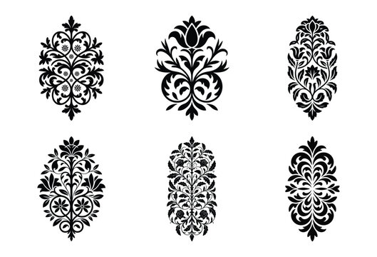 Collection of six black ornate damask designs isolated on white background