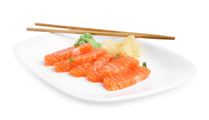 Fresh salmon sashimi with microgreens, wasabi, ginger and chopsticks isolated on white