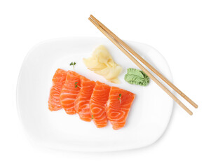 Fresh salmon sashimi with microgreens, wasabi, ginger and chopsticks isolated on white, top view