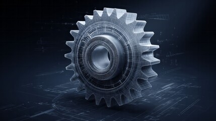Three dimensional mechanical gear rendered with a digital wireframe overlay
