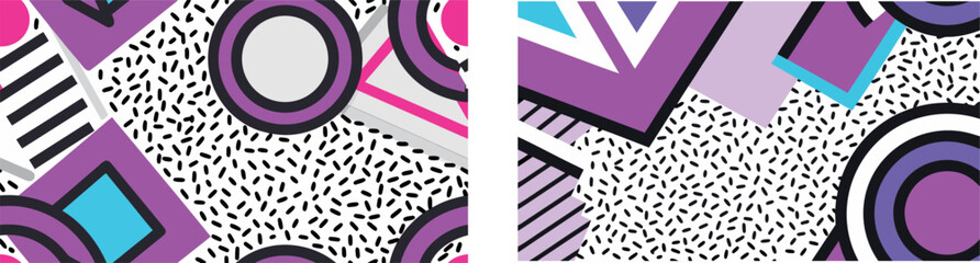 Set of Two Neon Colored Memphis Style Geometric Abstract Art Backgrounds