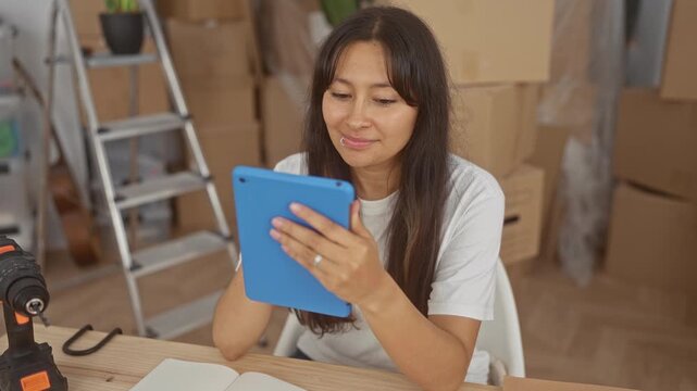 Young latina woman holds blue tablet with both hands and smiles amid packed moving boxes in a building; calm planning unpacking.