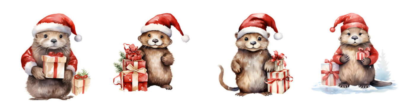 Four cute otters wearing Santa hats and festive attire holding gift boxes transparent background