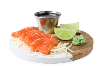 Fresh salmon sashimi with sliced radish, wasabi, lime and soy sauce isolated on white