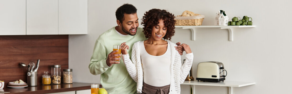 Joyful moments shared by an expecting couple in their cozy kitchen - Powered by Adobe