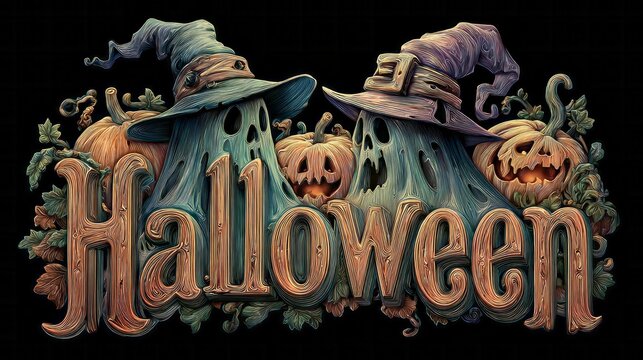 Ornate wooden typography spells out a spooky holiday greeting surrounded by mystical figures and carved gourds