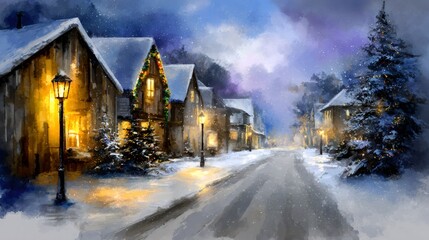 Winter village street celebrating christmas night with snow falling