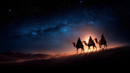 Three Wise Men carrying precious gifts traveling through vast desert guided by brilliant stars above Christmas concept celebration biblical journey of faith epiphany scene of