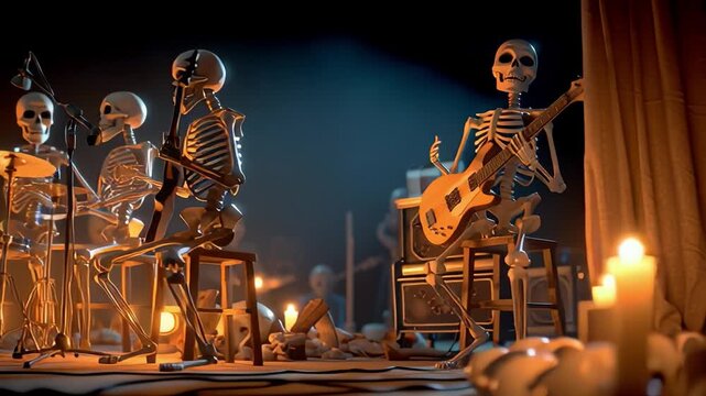 A Spooky Yet Entertaining Skeleton Band: Captivating Scenes from an Eerie Jam Session with Delighted Bones Strumming and Drumming Under Dim Lights