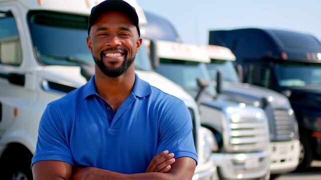 Smiling man in blue shirt and cap stands before a row of trucks. Crosses arms and looks directly at the viewer