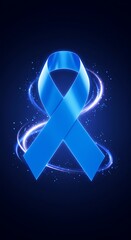 Digital illustration of a blue ribbon floating in abstract light, symbolizing men’s health awareness