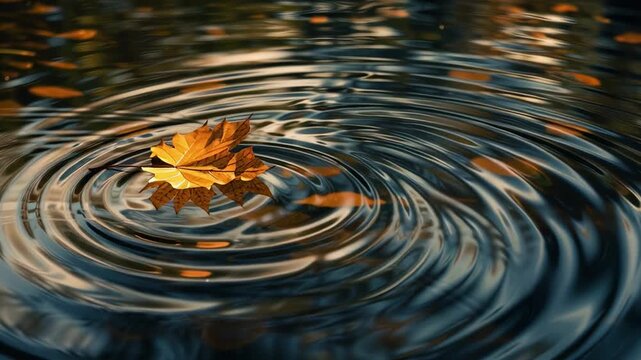 A Golden Leaf Floating on Water, Surrounded by Ripples: Capturing the Tranquility of Nature's Autumn Elegance