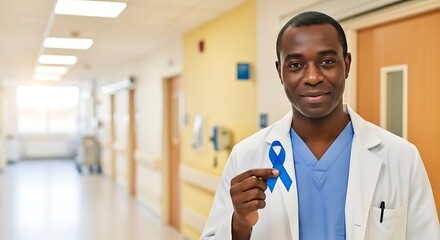 Healthcare professional holding blue awareness ribbon in hospital corridor, supportive expression