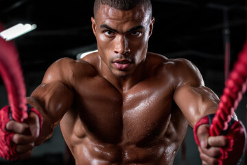 Fototapeta premium Intense training session with resistance ropes in indoor gym setting