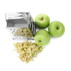 Whole and grated apples with grater isolated on white, top view
