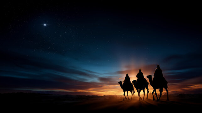 Divine star guiding Three Wise Men Kings traveling to manger where baby Jesus Christ lay peacefully Christmas epiphany celebration biblical journey of faith Christian