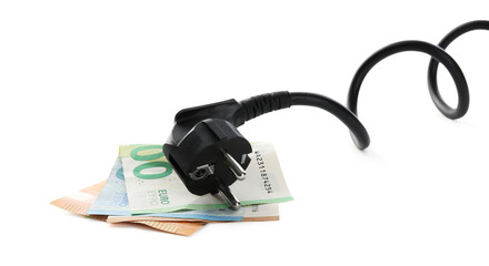 Electrical wire with plug and euro banknotes isolated on white