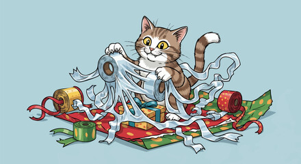 A cartoon cat joyfully plays with wrapping paper, ribbons, and presents, creating a festive, chaotic scene.