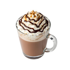 Delicious hot chocolate with whipped cream and chocolate drizzle isolated on transparent background