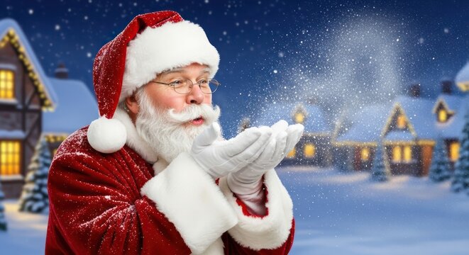 Santa Claus blowing snow in a winter village setting spreading holiday cheer