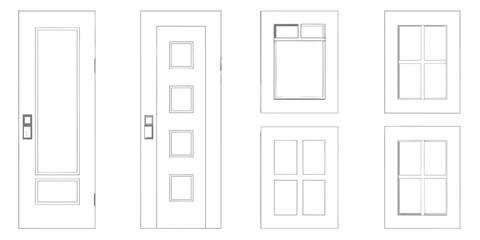 Architectural line drawings of modern doors and windows with paneling and divided lites
