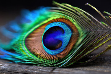 Obraz premium Vibrant peacock feather displaying intricate colors and patterns in a close-up view