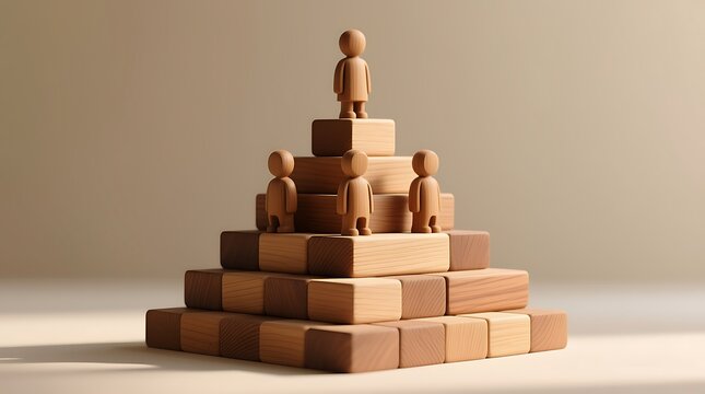 Wooden Figures on a Block Pyramid Symbolizing Business Hierarchy and Leadership