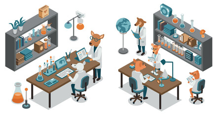 Obraz premium Creative isometric animal scientist lab with experiments and equipment