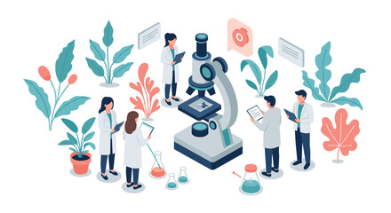 Scientists working together with microscope and plants in laboratory setting