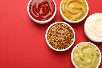 Different sauces in bowls on red background, flat lay. Space for text