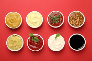 Different sauces and herbs on red background, flat lay