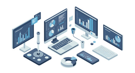 Isometric data analysis workspace with multiple screens and analytics charts