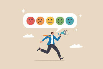 Customer Feedback and Satisfaction Rating Concept Illustration. Businessman Announcing Customer Review and Survey Results.