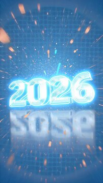 A dynamic digital graphic showcases the year &ldquo;2026&rdquo; in a bold, illuminated neon font on a dark blue background with a digital grid pattern digital graphic
