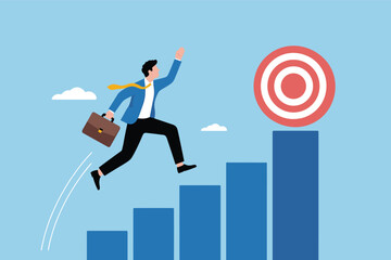 Businessman Jumping Toward Success and Career Goal Achievement. Professional Reaching Target and Business Growth Concept.