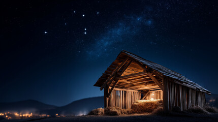 Rustic wooden stable structure at dark blue starry night sky with twinkling stars Jesus Christ birth nativity concept Christmas holy night celebration ancient Bethlehem scene