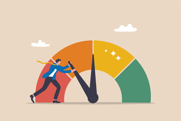 Businessman Improving Performance and Reaching Success Level. Productivity and Progress Concept with Performance Gauge.