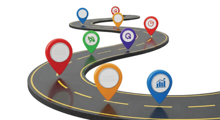 3D illustration of a winding road with colorful location markers and various icons on a white background.