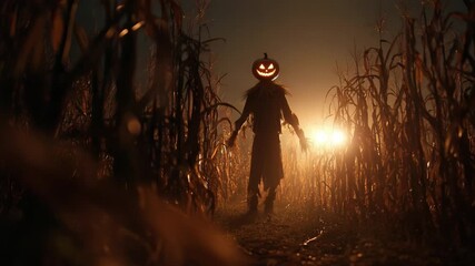 Eerie Scarecrow Wandering Through Dark Cornfield Under Mysterious Foggy Light with Distinct Pumpkin Head Glowing Menacingly, Creating a Haunting Atmosphere - Powered by Adobe