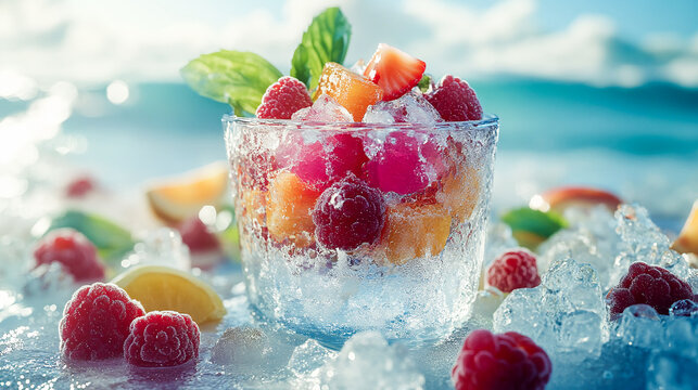 Refreshing tropical summer scene with frozen ice and colorful fruits in a cup by the beach, radiating chill vibes