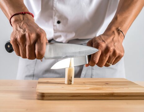 Close-up of cook sharpening kitchen knife. Hands in whites hold knife over wood cutting board, honing blade. Food prep and cooking action shown with object