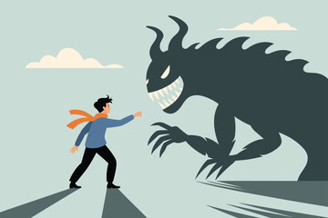 Person Confronting Dark Shadow of Anxiety. Bravery and Self Confidence Against Inner Fear.