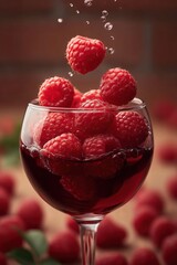 A glass filled with fresh raspberries in a rich red liquid, with a few raspberries splashing into the glass. The vibrant red tones and the action of the splash create a dynamic and refreshing scene. C