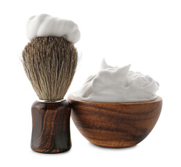 Shaving foam and brush isolated on white. Barber's tools