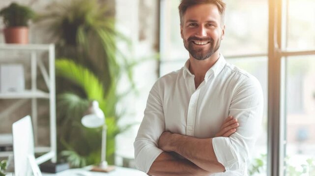 Smiling businessman standing in office space