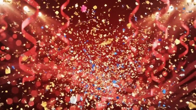 Vibrant celebration with falling confetti and ribbons creating a festive atmosphere