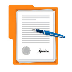 Orange folder holding documents with a pen and signature isolated on transparent background
