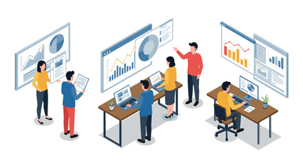 Collaborative team analyzing business data in modern office setting