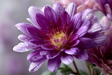 Purple chrysanthemum blooming with water drops on petals